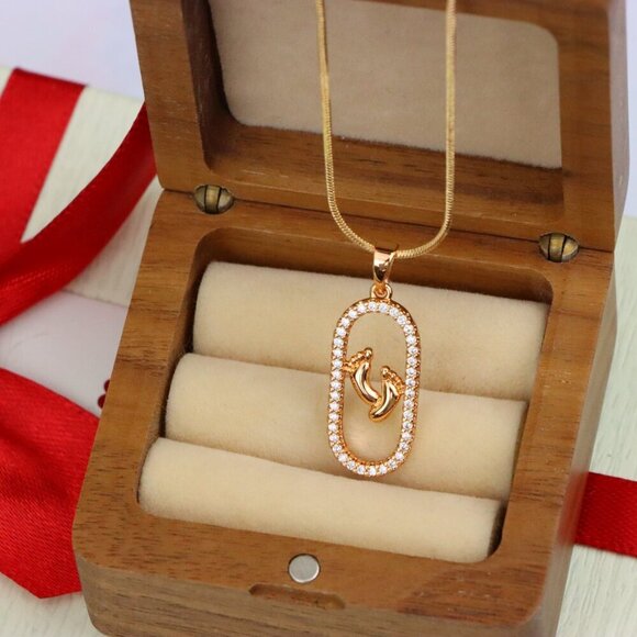 "Rose Gold Baby Feet Pendant in Sparkling Oval Frame with CZ Accents, XPPT1528 - Picture 10 of 13